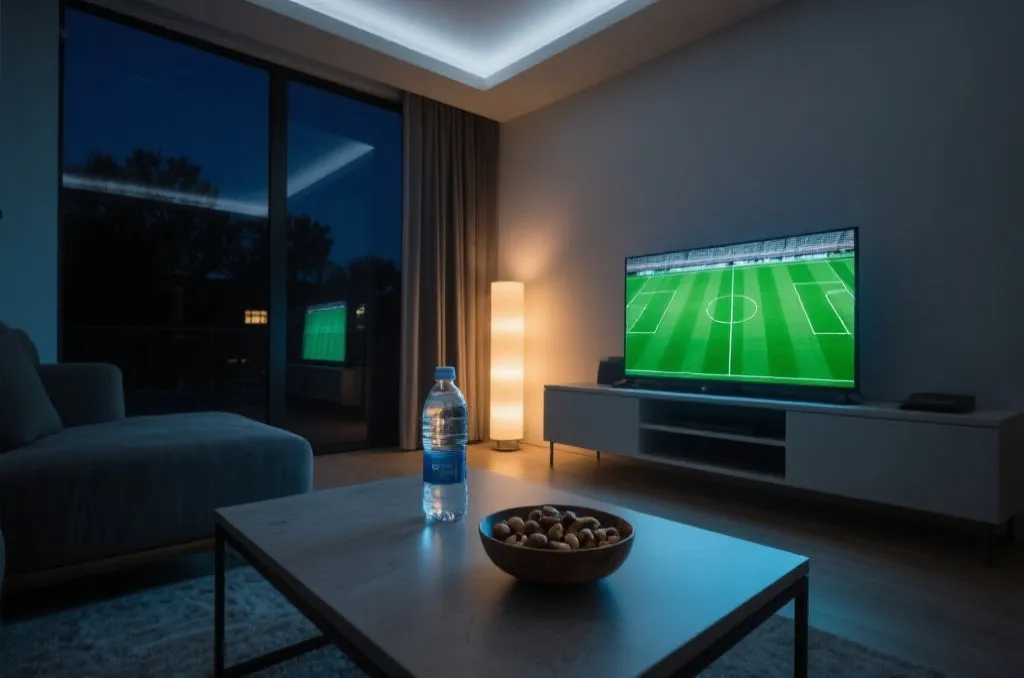 Cozy room at night with a television showing a green stadium and healthy snacks on the table